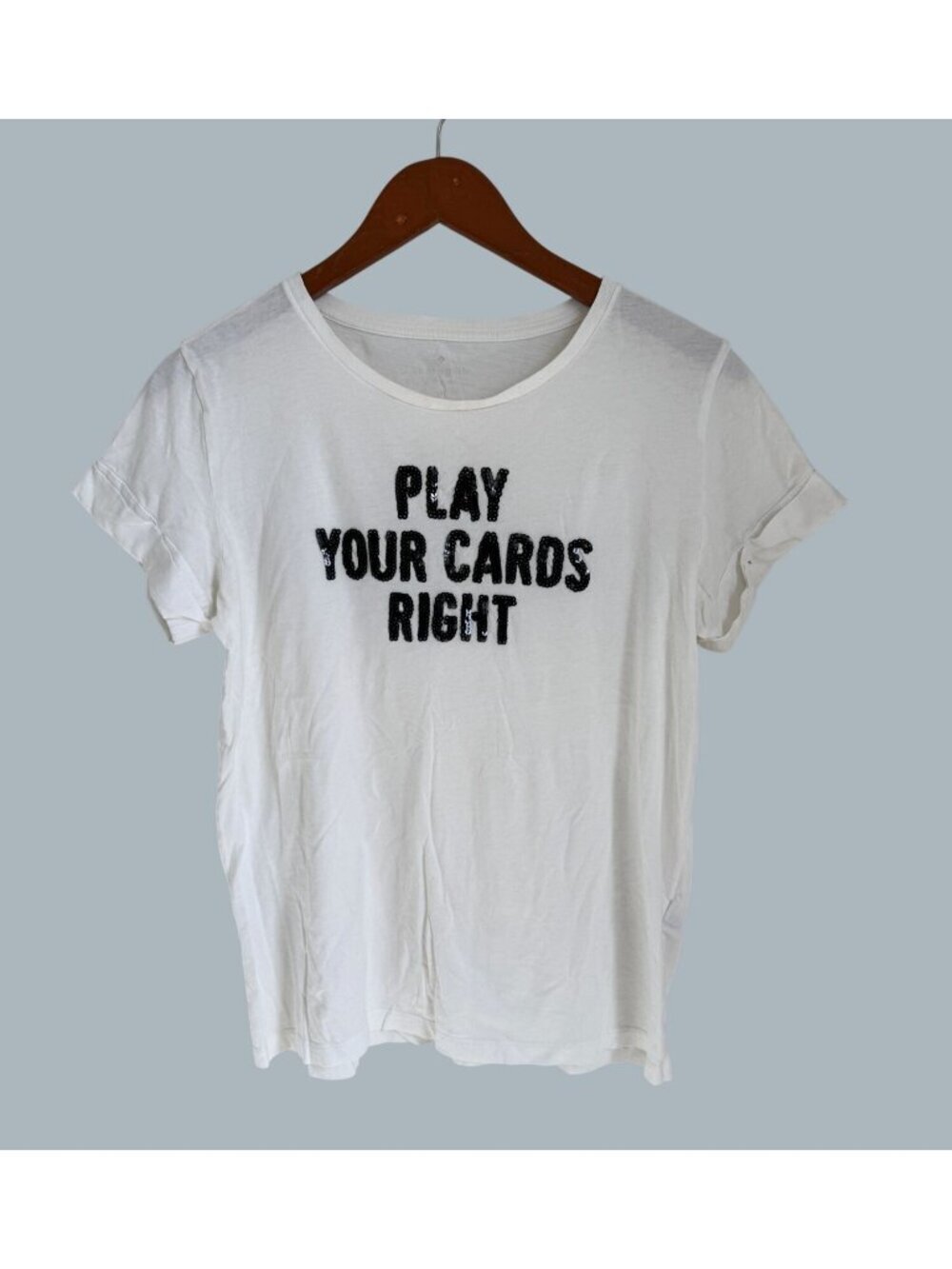 Kate Spade Womens White Graphic T-Shirt "Play Your Cards Right" Sequin Detail S